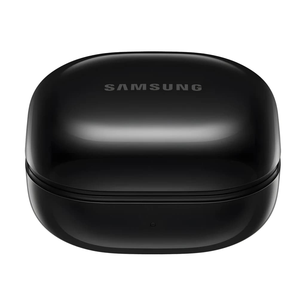 Samsung Galaxy Buds Core negro, vista superior: estuche de carga cerrado con logo Samsung y acabado brillante