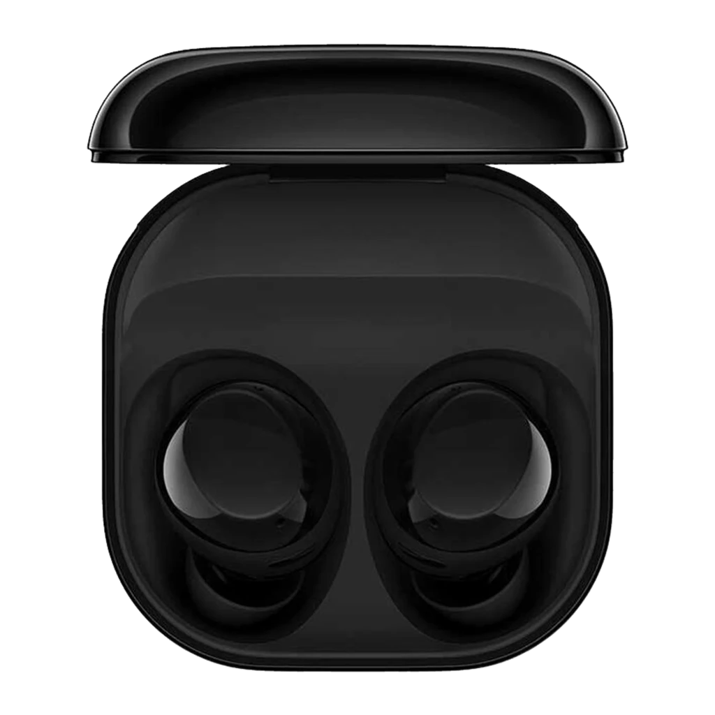Samsung Galaxy Buds Core noir, vue de face: étui ouvert avec les deux écouteurs logés à l'intérieur