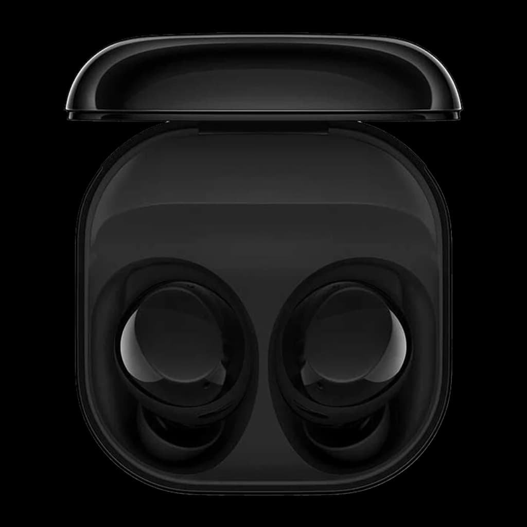 Samsung Galaxy Buds Core negro, vista frontal: estuche abierto con los dos auriculares alojados en su interior