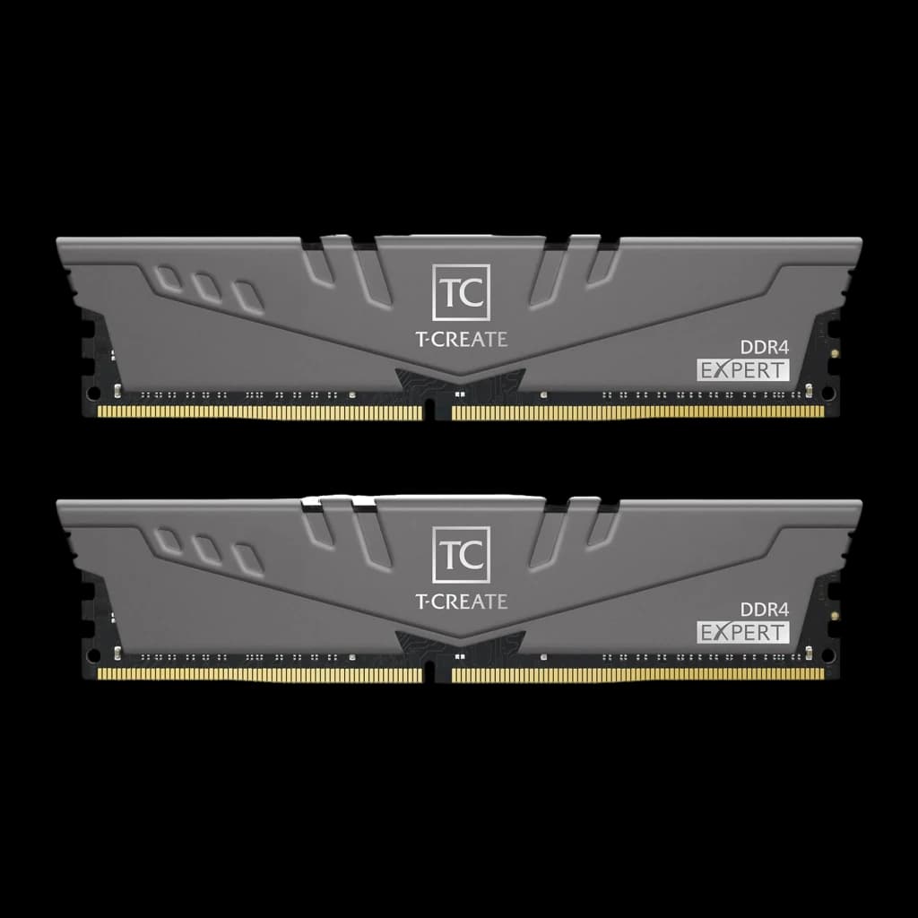 Team Group T-Create Expert 32GB DDR4 3200 preto, vista frontal: dois módulos DIMM com dissipador cinza e logo TC