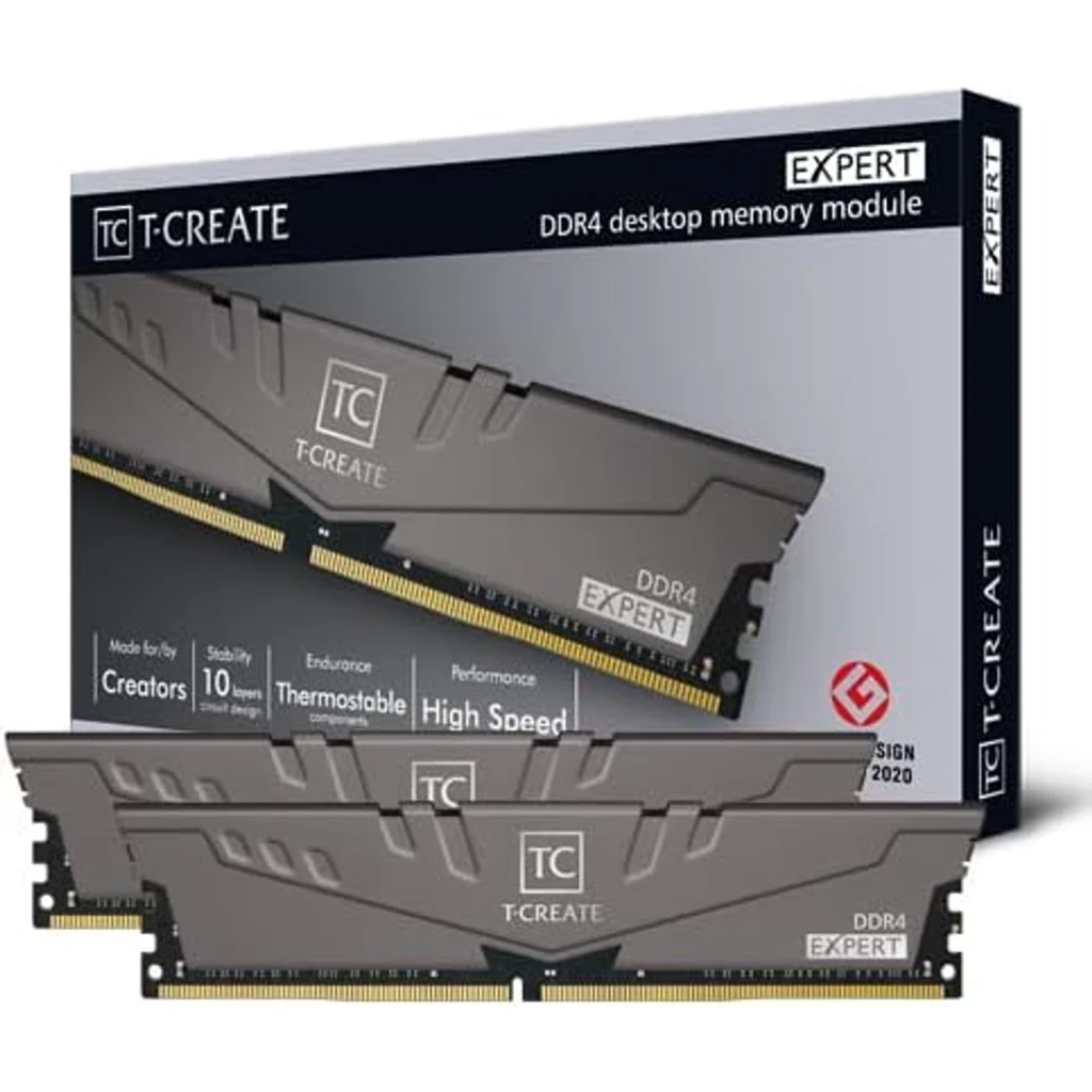 Team Group T-Create Expert 32GB DDR4 3200 preto, vista frontal: dois módulos DIMM com dissipador cinza e logo TC - Item1