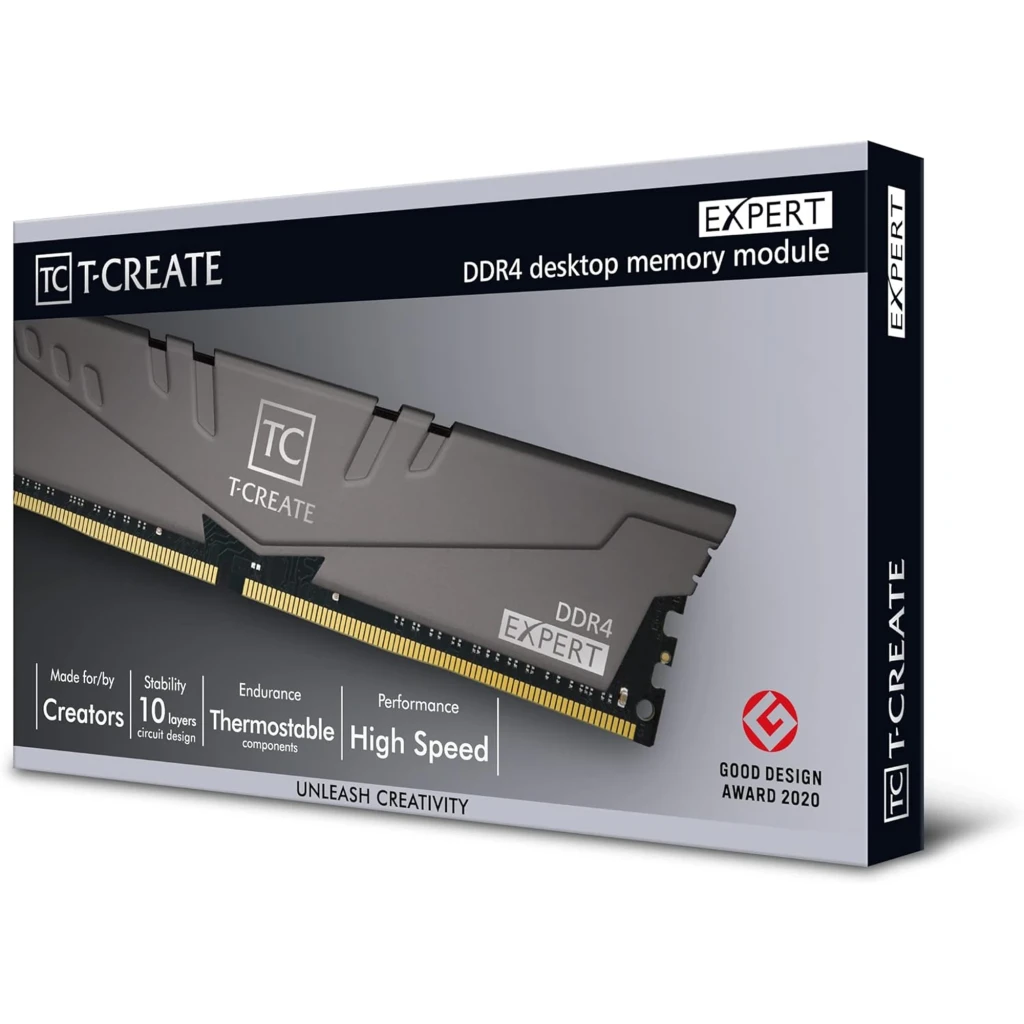 Team Group T-Create Expert 32GB DDR4 3200 preto, vista frontal: dois módulos DIMM com dissipador cinza e logo TC - Item3