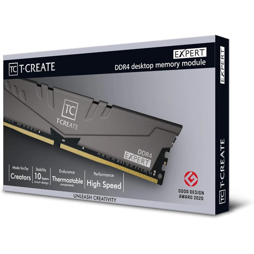 TeamGroup T-Create Expert 32GB DDR4 3200 Preto, caixa: embalagem em ângulo com módulo DIMM e Good Design Award 2020
