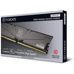 TeamGroup T-Create Expert 32GB DDR4 3200 Preto, caixa: embalagem em ângulo com módulo DIMM e Good Design Award 2020