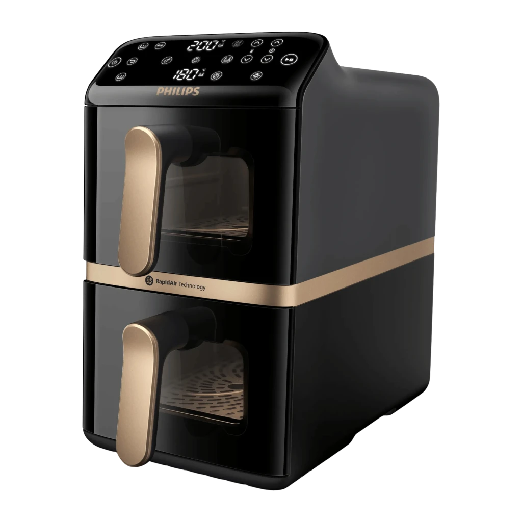 Philips Airfryer Série 4000 10 L preto, vista frontal: duas cestas empilhadas com janela, batatas fritas em cima e frango - Item1