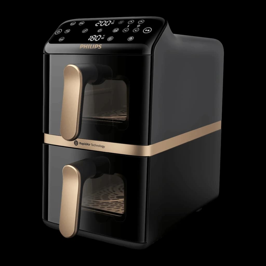 Philips Airfryer Serie 4000 10 L negro, vista en ángulo: cestas apiladas vacías con rejilla interior visible y asas doradas