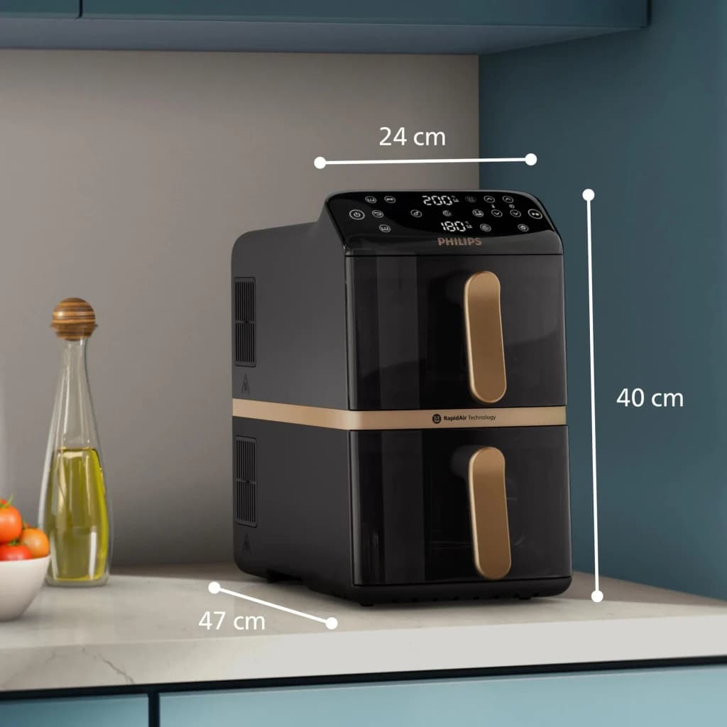 Philips Airfryer Serie 4000 10 L negro, vista lateral en cocina: dimensiones 24x47x40 cm, doble cesta apilada con asas