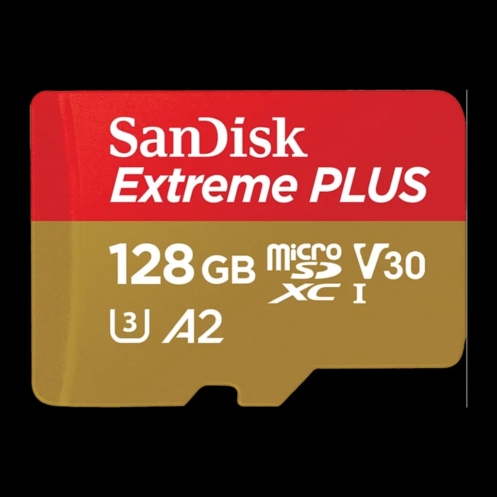 SanDisk Extreme Plus MicroSD 128GB Rouge Or, vue avant: face avec logo, capacité 128GB, icônes U3 A2 V30