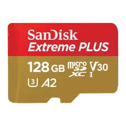 SanDisk Extreme Plus MicroSD 128GB Rouge Or, vue avant: face avec logo, capacité 128GB, icônes U3 A2 V30