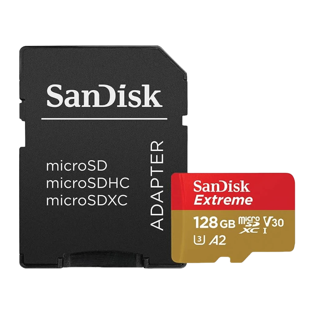 SanDisk Extreme Plus MicroSD 128GB Rojo Dorado, vista frontal: cara con logo, capacidad 128GB, iconos U3 A2 V30 - Ítem2