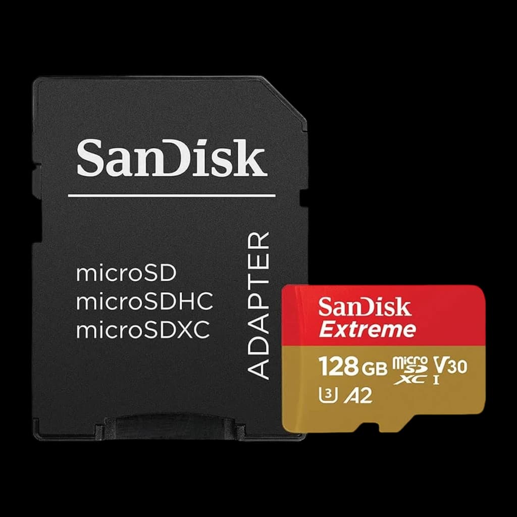 SanDisk Extreme MicroSD 128GB rouge doré, secondaire: carte à côté d'un adaptateur SD noir, tous deux vus de face