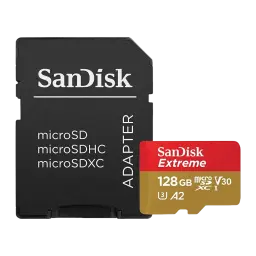 SanDisk Extreme MicroSD 128GB rouge doré, secondaire: carte à côté d'un adaptateur SD noir, tous deux vus de face
