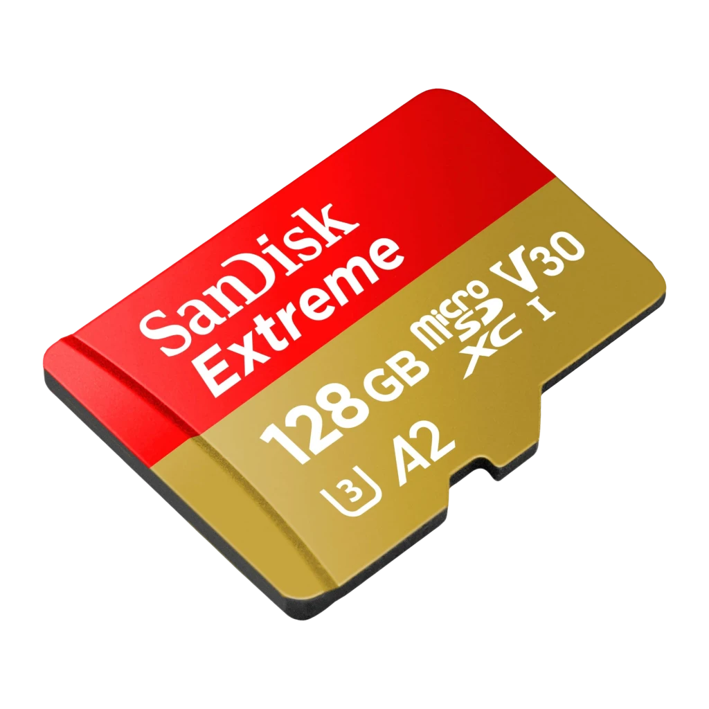SanDisk Extreme Plus MicroSD 128GB Rojo Dorado, vista frontal: cara con logo, capacidad 128GB, iconos U3 A2 V30 - Ítem1