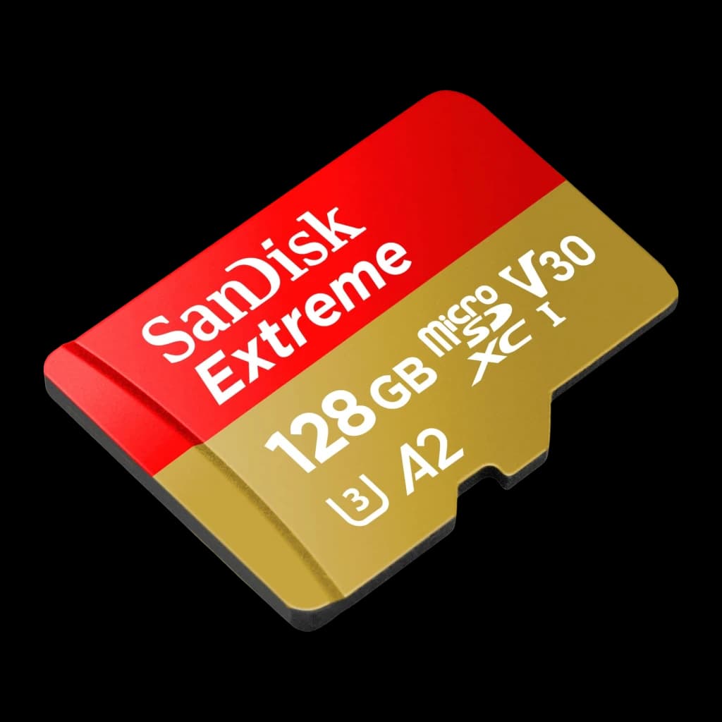 SanDisk Extreme MicroSD 128GB rouge doré, principale: vue de face en angle, face avec logo, capacité et ratings V30 A2 U3