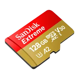 SanDisk Extreme MicroSD 128GB rouge doré, principale: vue de face en angle, face avec logo, capacité et ratings V30 A2 U3