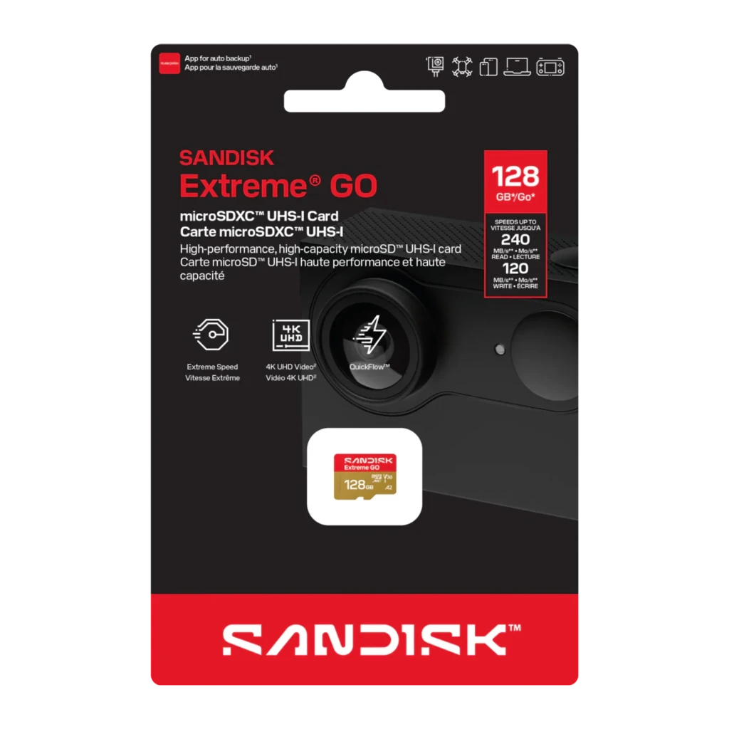 SanDisk Extreme Plus MicroSD 128GB Rojo Dorado, vista frontal: cara con logo, capacidad 128GB, iconos U3 A2 V30 - Ítem3