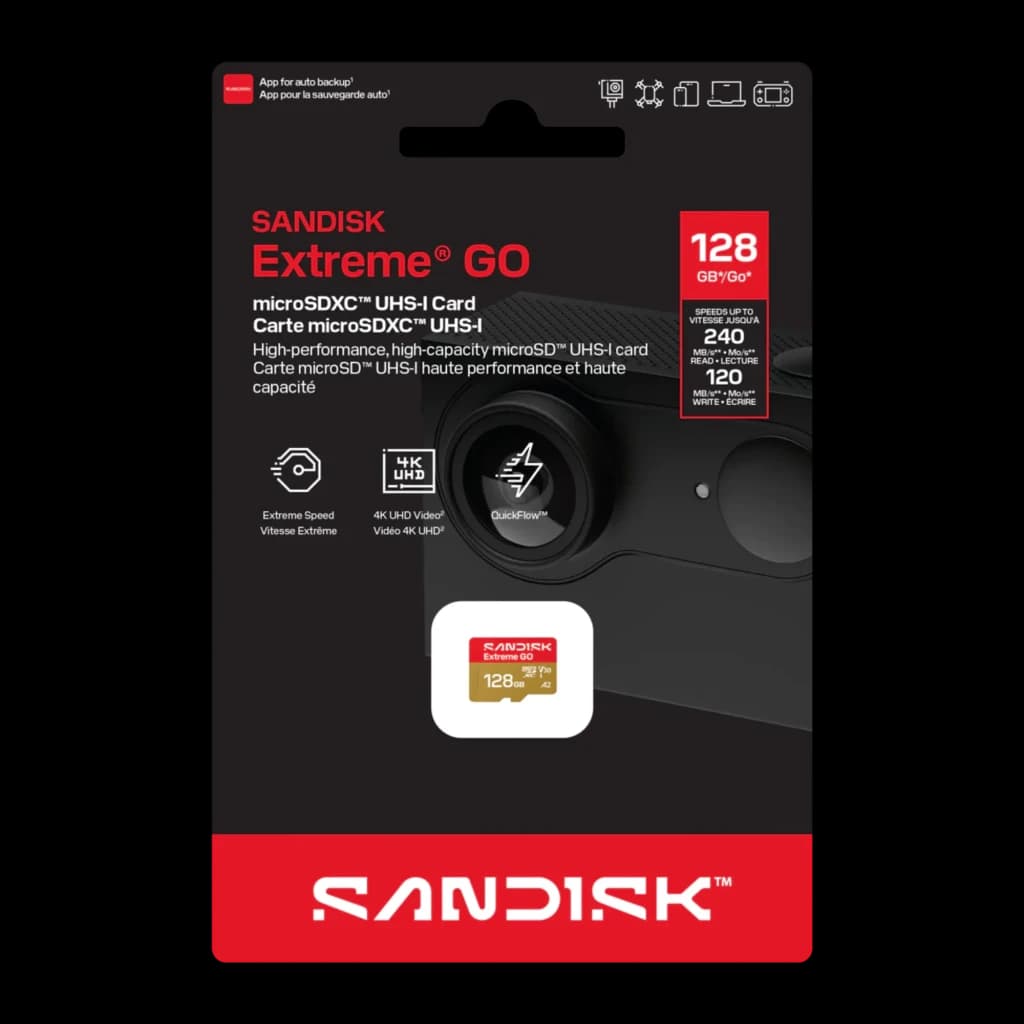 SanDisk Extreme GO MicroSD 128GB Rouge Or, emballage avant: blister noir avec carte et vitesses 240Mo/s affichées
