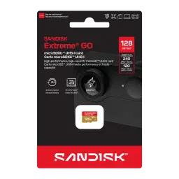 SanDisk Extreme GO MicroSD 128GB Rouge Or, emballage avant: blister noir avec carte et vitesses 240Mo/s affichées