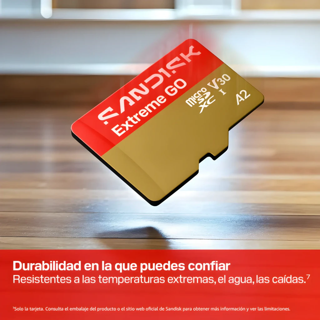 SanDisk Extreme Plus MicroSD 128GB Rojo Dorado, vista frontal: cara con logo, capacidad 128GB, iconos U3 A2 V30 - Ítem5