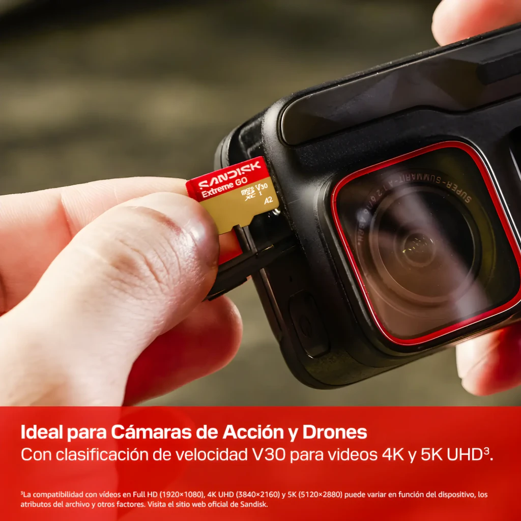 SanDisk Extreme Plus MicroSD 128GB Rojo Dorado, vista frontal: cara con logo, capacidad 128GB, iconos U3 A2 V30 - Ítem4
