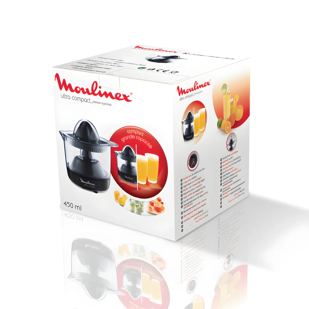 Moulinex PC1208 Ultra Compact preto, vista frontal: espremedor com cone, depósito transparente e logótipo em fundo escuro - Item2