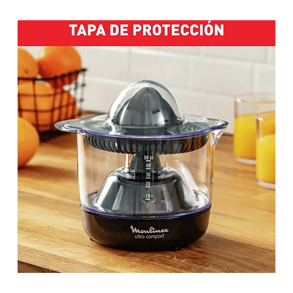 Moulinex PC1208 Ultra Compact preto, vista frontal: espremedor com cone, depósito transparente e logótipo em fundo escuro - Item5