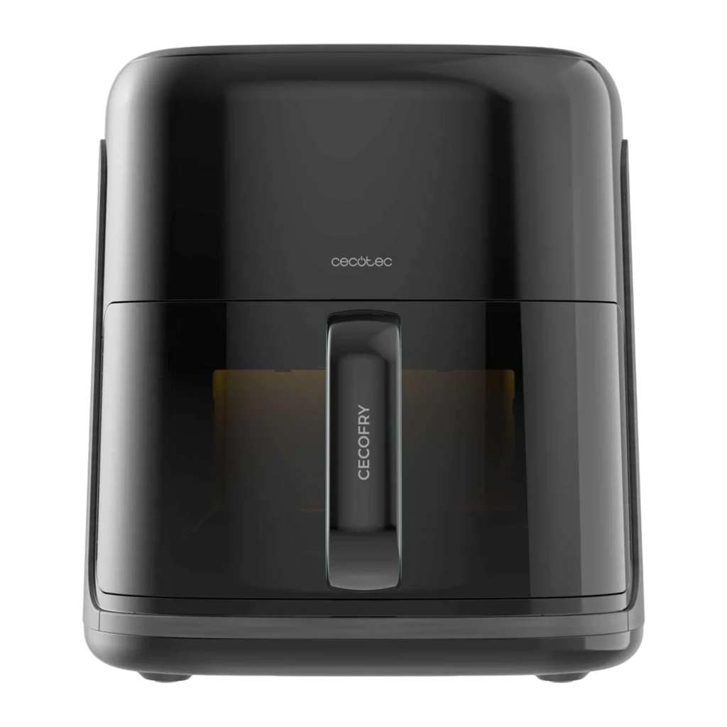 Cecotec Cecofry&Grill Smokin'Prime 6500 6,5L noir, vue de face: tiroir avec poignée et logo CECOFRY, corps compact noir mat