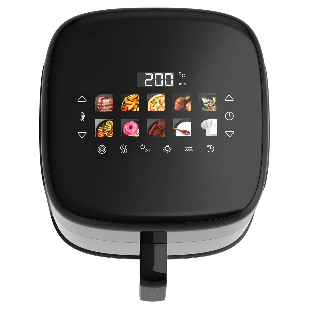 Cecotec Cecofry&Grill Smokin'Prime 6500 6,5L Noir, vue du dessus: panneau tactile avec 10 menus et affichage 200°C