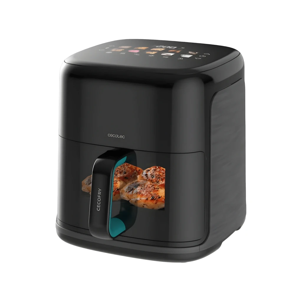 Cecotec Cecofry&Grill Smokin'Prime 6500 6,5L Noir, vue latérale: fenêtre transparente avec poulet grillé visible et panneau