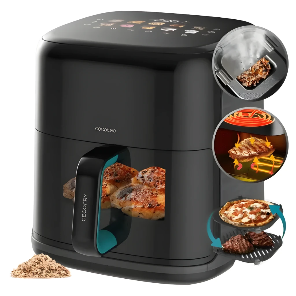Cecotec Cecofry&Grill Smokin'Prime 6500 6,5L Noir, vue latérale: tiroir transparent avec aliments, copeaux de bois et