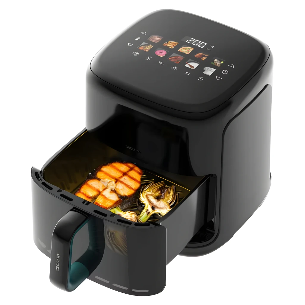 Cecotec Cecofry&Grill Smokin'Prime 6500 6,5L Noir, vue en angle: tiroir ouvert avec saumon et légumes grillés, panneau