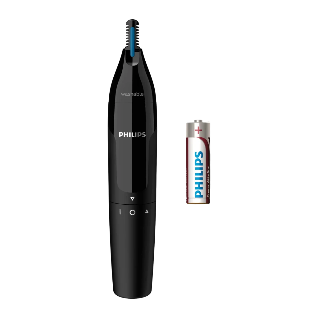 Philips Norelco Nosetrimmer NT1650/16 preto, vista frontal: corpo alongado preto, cabeçote azul e texto washable visível - Item1