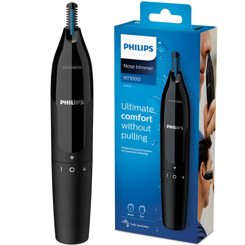 Philips Norelco Nosetrimmer NT1650/16 preto, vista frontal: corpo alongado preto, cabeçote azul e texto washable visível - Item2