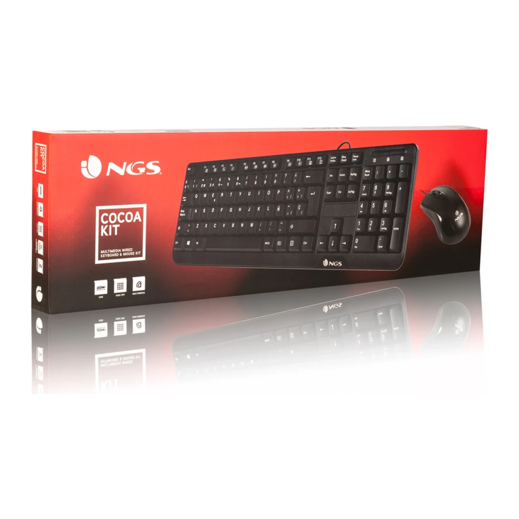 NGS Cocoa Kit USB QWERTY noir, vue de dessus: clavier et souris filaires sur fond noir - Ítem2