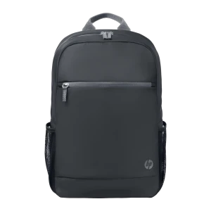 HP Mochila para portátil 15,6 Negro Gris, vista frontal: bolsillo delantero con cremallera plateada, asas grises y bolsillos