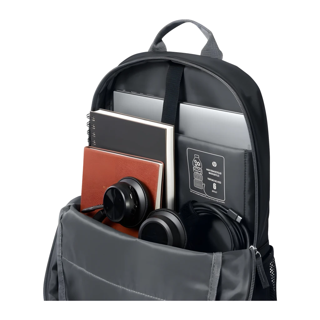 HP Mochila para portátil 15,6 Negro Gris, vista frontal: bolsillo delantero con cremallera plateada, asas grises y bolsillos - Ítem1