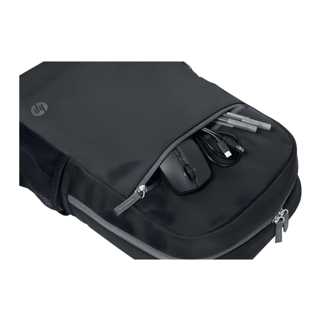 HP Mochila para portátil 15,6 Negro Gris, vista frontal: bolsillo delantero con cremallera plateada, asas grises y bolsillos - Ítem3