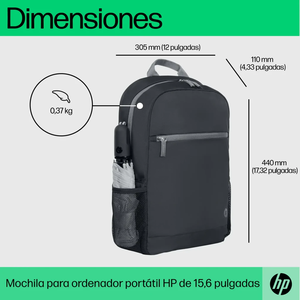HP Mochila para portátil 15,6 Negro Gris, vista frontal: bolsillo delantero con cremallera plateada, asas grises y bolsillos - Ítem5