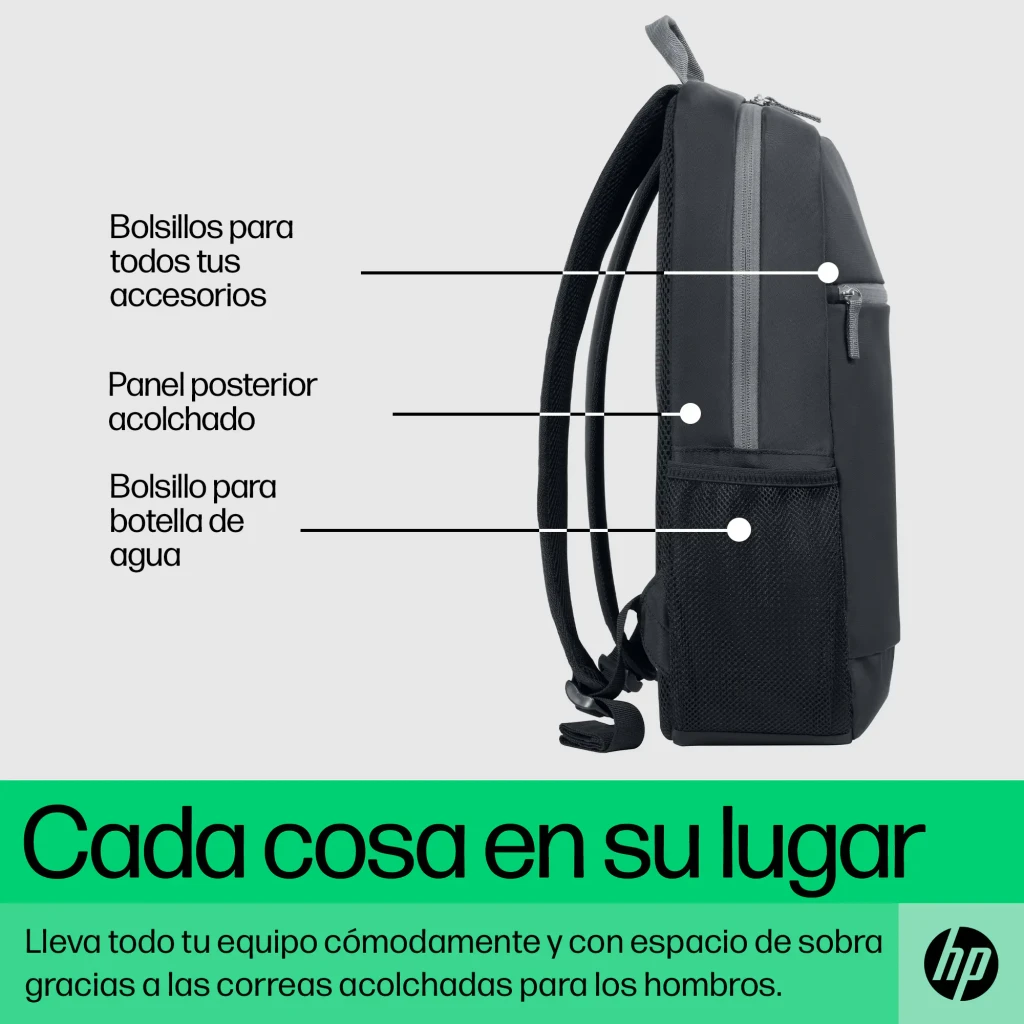 HP Mochila para portátil 15,6 Negro Gris, vista frontal: bolsillo delantero con cremallera plateada, asas grises y bolsillos - Ítem6