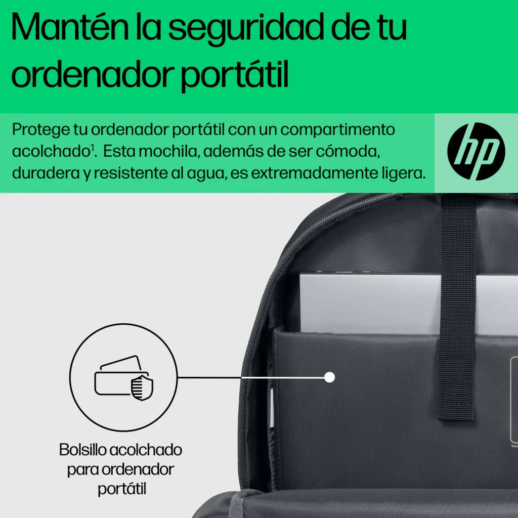 HP Mochila para portátil 15,6 Negro Gris, vista frontal: bolsillo delantero con cremallera plateada, asas grises y bolsillos - Ítem7