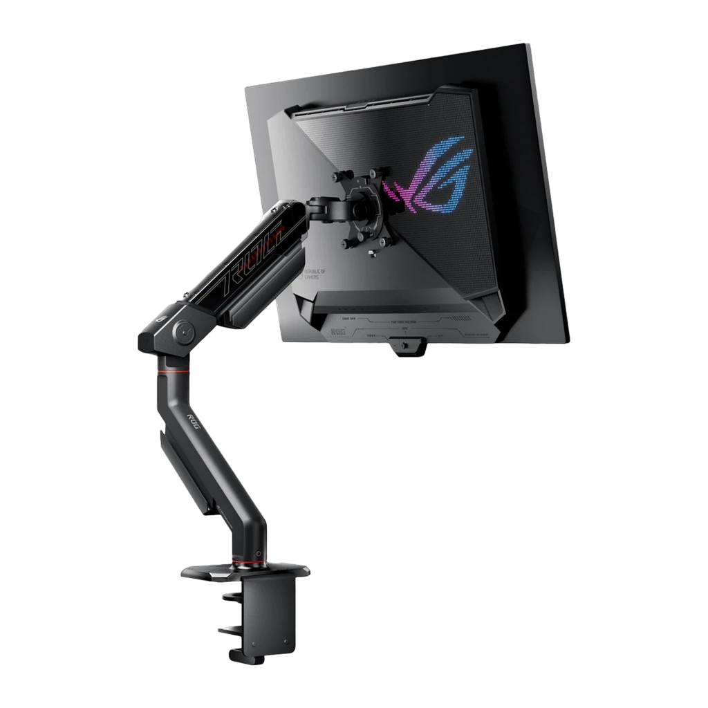 ASUS ROG Ergo Arm AAS01 noir, vue latérale: bras articulé avec logo ROG, accents rouges et plaque VESA - Ítem1