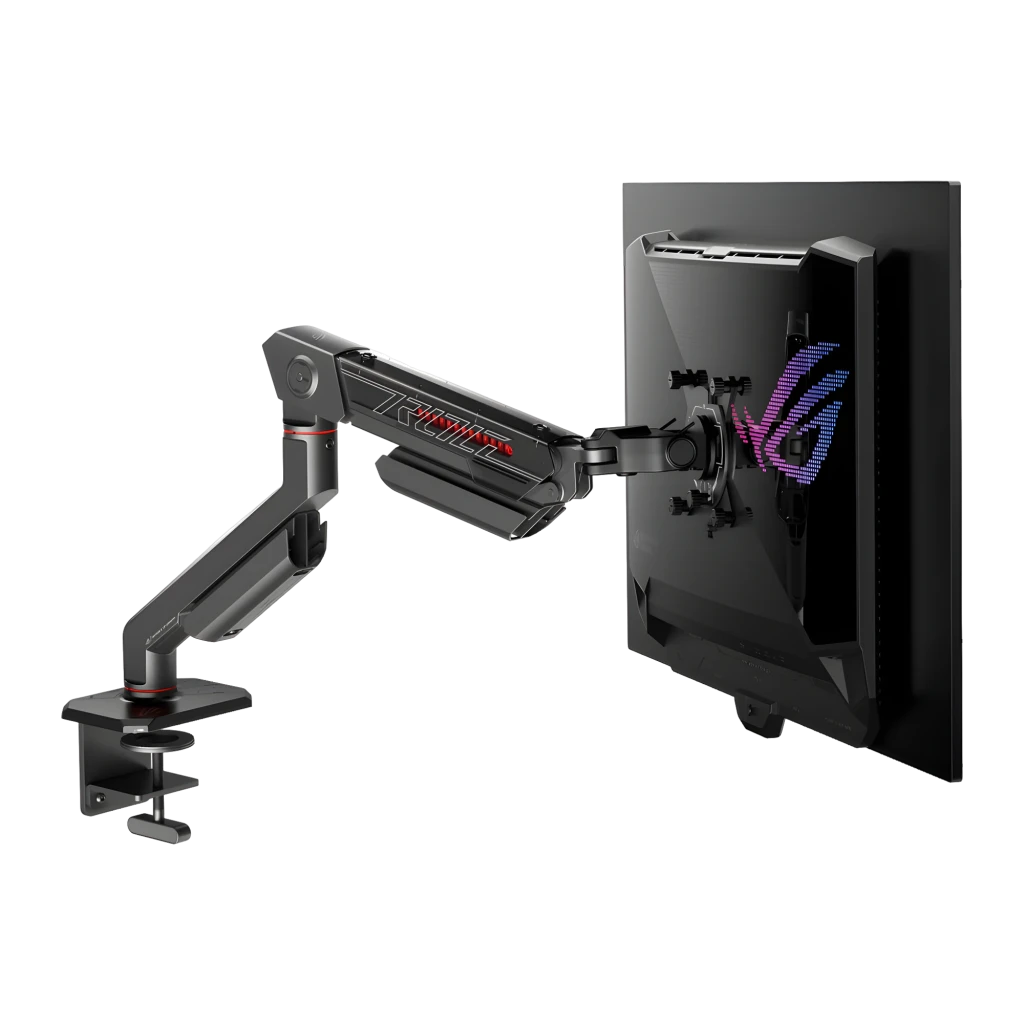 ASUS ROG Ergo Arm AAS01 noir, vue latérale: bras articulé avec logo ROG, accents rouges et plaque VESA - Ítem2