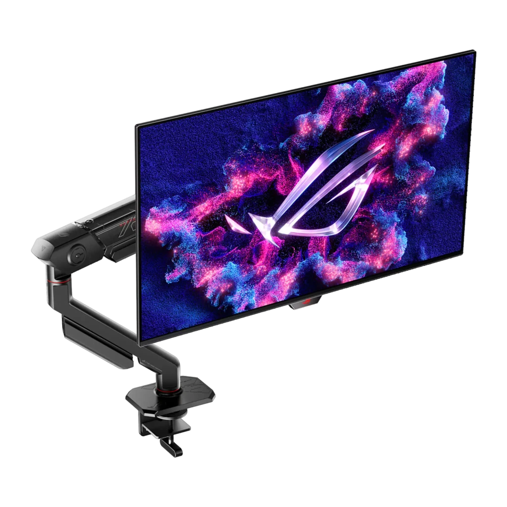 ASUS ROG Ergo Arm AAS01 noir, vue latérale: bras articulé avec logo ROG, accents rouges et plaque VESA - Ítem4
