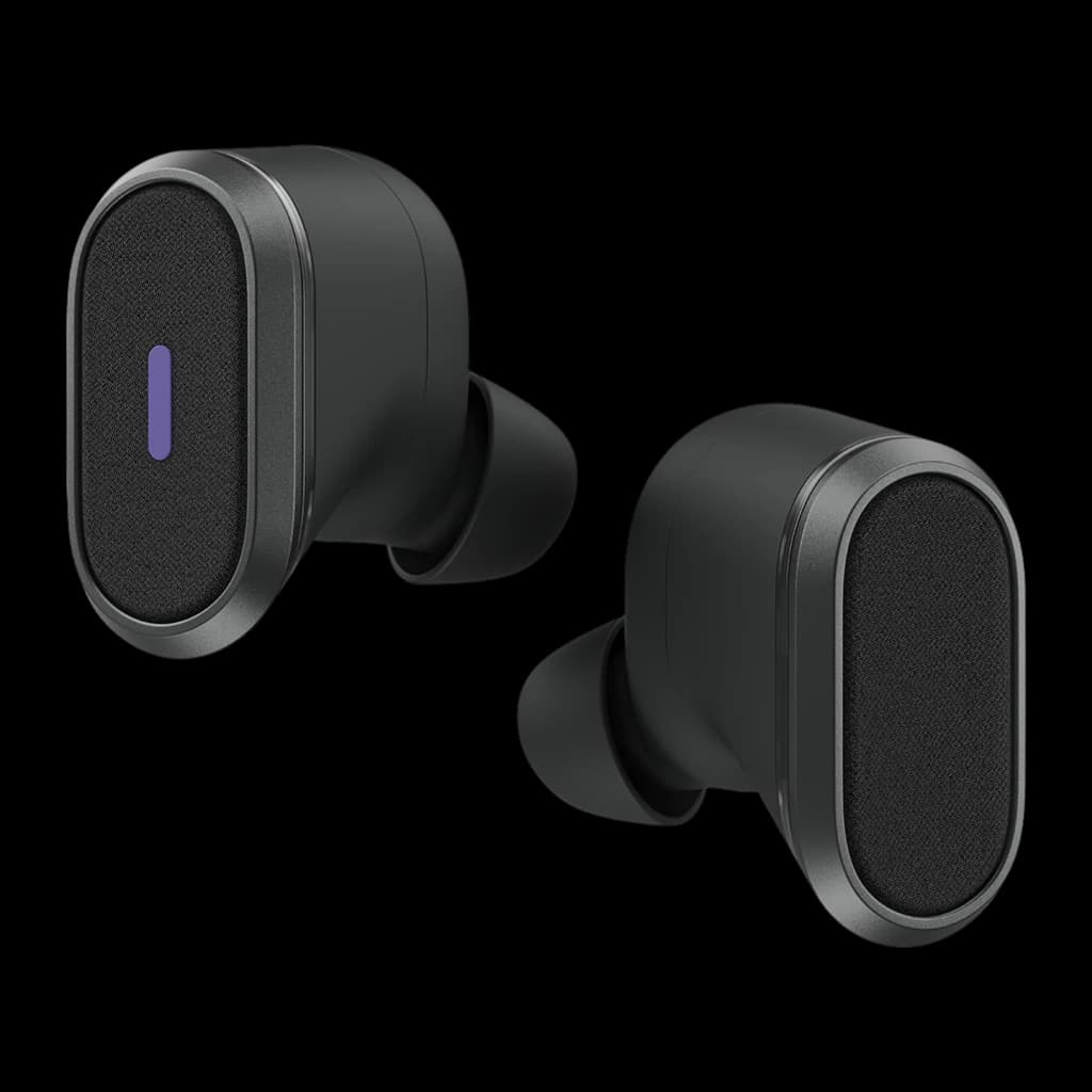 Logitech Auriculares Zone True Wireless preto, vista frontal: dois earbuds em ângulo, painel oval texturizado e indicador