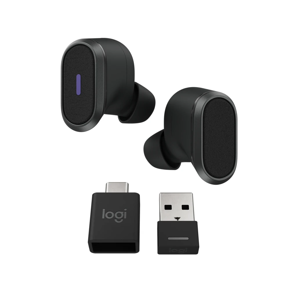 Logitech Auriculares Zone True Wireless negro, vista frontal: ambos earbuds en ángulo, panel oval texturizado e indicador - Ítem1