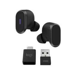 Logitech Auriculares Zone True Wireless Preto, vista conjunto: ambos auriculares, receptor USB-A e adaptador USB-C incluídos