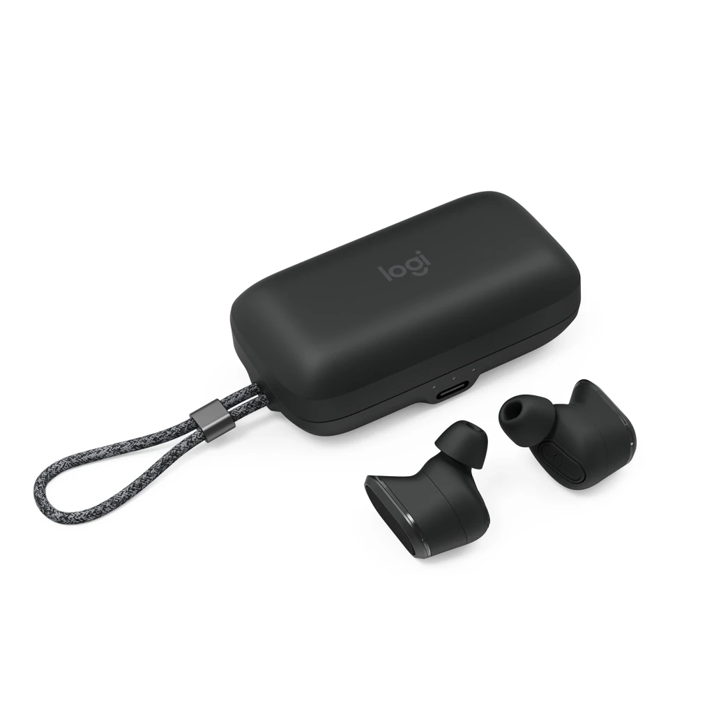 Logitech Auriculares Zone True Wireless negro, vista frontal: ambos earbuds en ángulo, panel oval texturizado e indicador - Ítem3