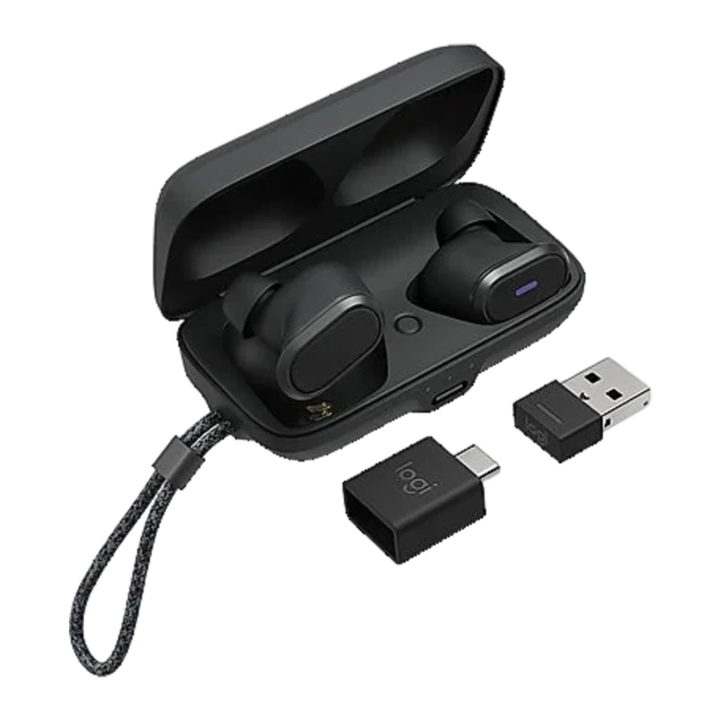 Logitech Auriculares Zone True Wireless negro, vista frontal: ambos earbuds en ángulo, panel oval texturizado e indicador - Ítem2