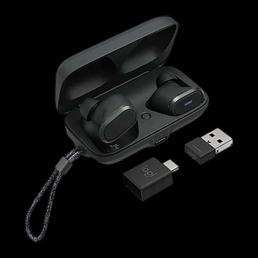 Logitech Auriculares Zone True Wireless Preto, vista conjunto: estojo aberto com auriculares, receptor USB-A e adaptador