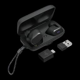 Logitech Auriculares Zone True Wireless Preto, vista conjunto: estojo aberto com auriculares, receptor USB-A e adaptador